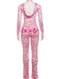 Weird Puss Letter Leopard Print 2 Piece Set Women Casual Zip Hooded Crop Jacke+Leggings Matching Stretch Sporty Street Outfits