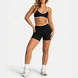 Women Leopard Print 2 Piece Yoga Set High Waist Butt Lift Biker Shorts Adjustable Strap Sports Bra Gym Workout Activewear