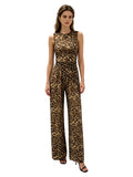 Woman's leopard print two-piece ensemble features a round-neck, sleeveless, irregularly cropped vest paired with flared, wide-leg trousers, presenting an elegant combination suitable for both streetwear and club attire