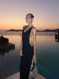 Tossy Women Halter Backless Bodycon Maxi Dress Open Back Spaghetti Strap Gold Ring Evening Party Gown Summer Beach Long Dress