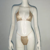 Fishnet Glitter Rhinestone Bikini Set Women Bathing Suit Mesh Sheer Swimwear Beach Bananas Sexy Thong Biquini Rave Party Outfits
