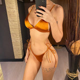 5 Colors Satin High Leg Cut Brazilian Two-Pieces Bikini Set Bikini Female Swimsuit Bathing Suit Women Swimwear Bather Swim V4964