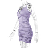 7 Color Sexy Wrinkled Pleated V Neck Sling Dress Short Club Ladies 2025 Summer Bodycon Dress Evening Party Tight Mini Dress D007