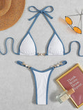 Sexy Halter Pearl Extreme Mini Micro Bikini Female Swimsuit Women Swimwear Two-pieces Bikini set Ribbed Bather Bathing Suit Swim