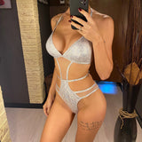 Halter Splicing Mesh Sheer Cut Out Women Swimwear One Piece Swimsuit Female High Leg Cut Sequins Bather Bathing Suit Swim V4863