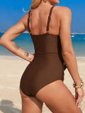 Solid Cowl Neck One Piece Swimsuit 2026 Women Slim Tummy Control Swimwear With Gold Charm Female Bathers Swimming Beach Bodysuit