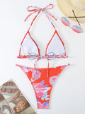 Sexy Floral Mini Thong Bikini Women Swimsuit 2024 Triangle Swimwear Halter Top Bathing Suits Two-piece Biquini Thong Bikinis Set