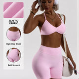 D-LOgo Women Halter Neck 2Pcs Yoga Outfit Padded Sports Bra High Waist Peach Butt Seamless Gym Fitness Short
