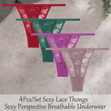 4Pcs/Set Sexy Lace Floral G-Strings Underwear For Women Solid Color Perspective Breathable Panties Female Low Rise Elastic Thong