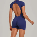 Triangle Butt Backless Short Sleeve Zipper Woman Pad Yoga Set One-Piece Jumpsuit Shorts Push Up Gym Active Wear Clothes XP129
