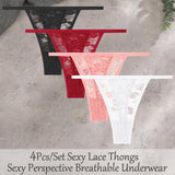 4Pcs/Set Sexy Lace Floral G-Strings Underwear For Women Solid Color Perspective Breathable Panties Female Low Rise Elastic Thong