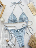 Denim Printed Halter Strappy High Cut Bikini Women Swimsuit Female Swimwear Two-pieces Bikini Set Bather Bathing Suit Swim Lady