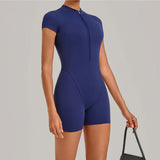 Triangle Butt Backless Short Sleeve Zipper Woman Pad Yoga Set One-Piece Jumpsuit Shorts Push Up Gym Active Wear Clothes XP129