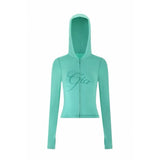 Gia Slim-Fit Letter Print Topstitching Design Hooded Zip-Up Jacket and Pants Set
