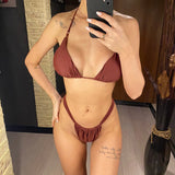 Sexy Wrinkled High Cut Thong Bikini Women Swimwear Female Swimsuit Two-Pieces Bikini Set Bather Bathing Suit Swim Lady V4010C