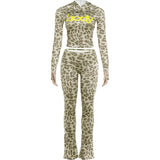 Weird Puss Letter Leopard Print 2 Piece Set Women Casual Zip Hooded Crop Jacke+Leggings Matching Stretch Sporty Street Outfits