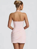 Halter Deep V Neck Sexy Mini Dress Women Elegant Sleeveless Backless Ruched Waist Bodycon Club Party Short Dresses