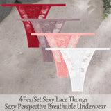 4Pcs/Set Sexy Lace Floral G-Strings Underwear For Women Solid Color Perspective Breathable Panties Female Low Rise Elastic Thong