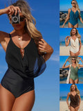 Solid Cowl Neck One Piece Swimsuit 2026 Women Slim Tummy Control Swimwear With Gold Charm Female Bathers Swimming Beach Bodysuit
