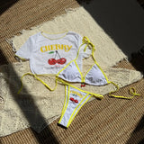 Cherry Print Mesh Short Sleeve Mini Bikini Female Swimsuit Women Swimwear Three-pieces Bikini Set Bathing Suit Swim Beachwear