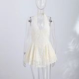 V Neck Halter Lace Mini Skirt Women Fashion Waist Cinched A Line Dress Backless Sleeveless Short Vestidos Summer Lady Dresses