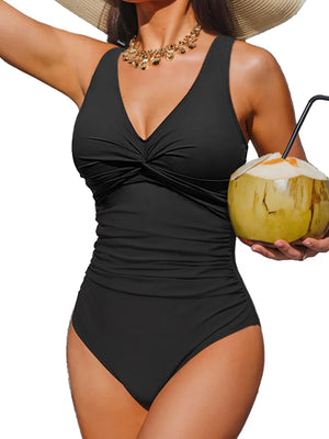 S - XXL Twist Front V Neck One Piece Swimsuit Women Swimwear Female Slim Monokini Backless Bathing Suit Swim Beachwear Bodysuit