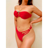 Bandeau Metal Rings Bikini Women Swimwear Female Swimsuit Two-Pieces Bikini Set Wrinkled High Cut Bather Bathing Suit Swim V5952