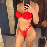 Bandeau Metal Rings Bikini Women Swimwear Female Swimsuit Two-Pieces Bikini Set Wrinkled High Cut Bather Bathing Suit Swim V5952