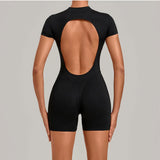 Triangle Butt Backless Short Sleeve Zipper Woman Pad Yoga Set One-Piece Jumpsuit Shorts Push Up Gym Active Wear Clothes XP129