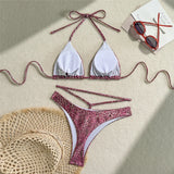 Sexy Printed PU Faux Leather Halter Bikini Female Swimsuit Women Swimwear Two-Pieces Bikini Set Bather Bathing Suit Swim V6579