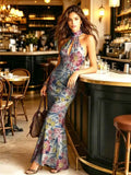 Fashionable Printed Long Skirt with Stand up Collar Hollow out Neck Hanging Design Slim Fit Split for Holiday Dress