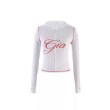 Gia Slim-Fit Letter Print Topstitching Design Hooded Zip-Up Jacket and Pants Set