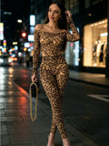 Women Leopard Print Off Shoulder 2 Piece Outfit Long Sleeve Cutout Bodycon Top And Pants Set Brown Party Streetwear