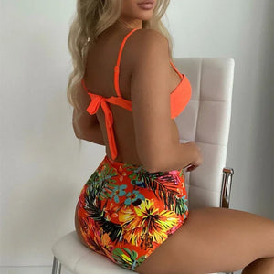 New 2024 Women's Floral Patchwork Swimsuit Padded Back Tie-up Swimwear Sexy Push Up High Waist Bikini Set Bathing Suits Biquini