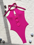 High Neck Lace Up High Leg Cut Women Swimwear One Piece Swimsuit Female Backless Monokini Hollow Out Bathing Suit Swim Bodysuit