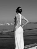 Tossy Women Halter Backless Bodycon Maxi Dress Open Back Spaghetti Strap Gold Ring Evening Party Gown Summer Beach Long Dress