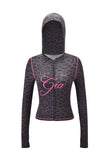 gia slim fit letter printed open thread design hooded zipper short jacket pants set