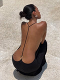 Tossy Women Halter Backless Bodycon Maxi Dress Open Back Spaghetti Strap Gold Ring Evening Party Gown Summer Beach Long Dress