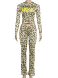 Weird Puss Letter Leopard Print 2 Piece Set Women Casual Zip Hooded Crop Jacke+Leggings Matching Stretch Sporty Street Outfits