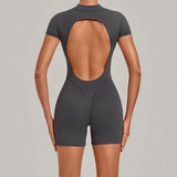 Triangle Butt Backless Short Sleeve Zipper Woman Pad Yoga Set One-Piece Jumpsuit Shorts Push Up Gym Active Wear Clothes XP129