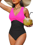 S - XXL Twist Front V Neck One Piece Swimsuit Women Swimwear Female Slim Monokini Backless Bathing Suit Swim Beachwear Bodysuit