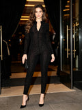 Women Black Burnout Leopard Print Jumpsuit Long Sleeve Zip Front Bodycon Stretch Catsuit Street Club Party Outfit