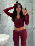 Gia Slim-Fit Letter Print Topstitching Design Hooded Zip-Up Jacket and Pants Set