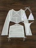 Mesh Sheer Long Sleeve Cover-Up Micro Bikini Female Swimsuit Women Swimwear Three-pieces Bikini Set Bathing Suit Swim Beach Wear