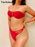 Bandeau Metal Rings Bikini Women Swimwear Female Swimsuit Two-Pieces Bikini Set Wrinkled High Cut Bather Bathing Suit Swim V5952