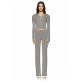 Gia Slim-Fit Letter Print Topstitching Design Hooded Zip-Up Jacket and Pants Set
