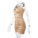 7 Color Sexy Wrinkled Pleated V Neck Sling Dress Short Club Ladies 2025 Summer Bodycon Dress Evening Party Tight Mini Dress D007