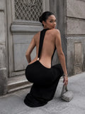 Tossy Women Halter Backless Bodycon Maxi Dress Open Back Spaghetti Strap Gold Ring Evening Party Gown Summer Beach Long Dress