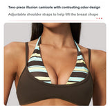 Women New Fake Two piece Yoga Bra Color Contrasting Back Sports Bra Gym Strap Hanging Neck Strap Fitness Bra Sports Bra Female
