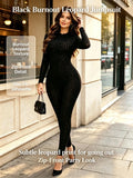 Women Black Burnout Leopard Print Jumpsuit Long Sleeve Zip Front Bodycon Stretch Catsuit Street Club Party Outfit